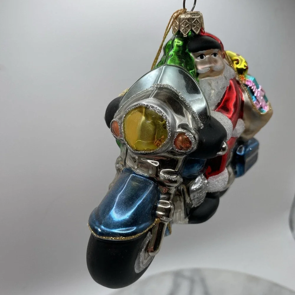Kurt Adler Santa on Motorcycle Glass Christmas Ornament Blue Silver Red